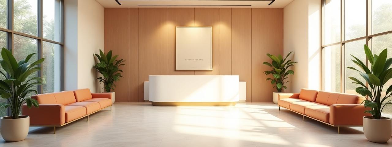 A warm and inviting reception area with comfortable seating and natural light, suggesting a welcoming environment at the Rhythm Bloom office in Austin.