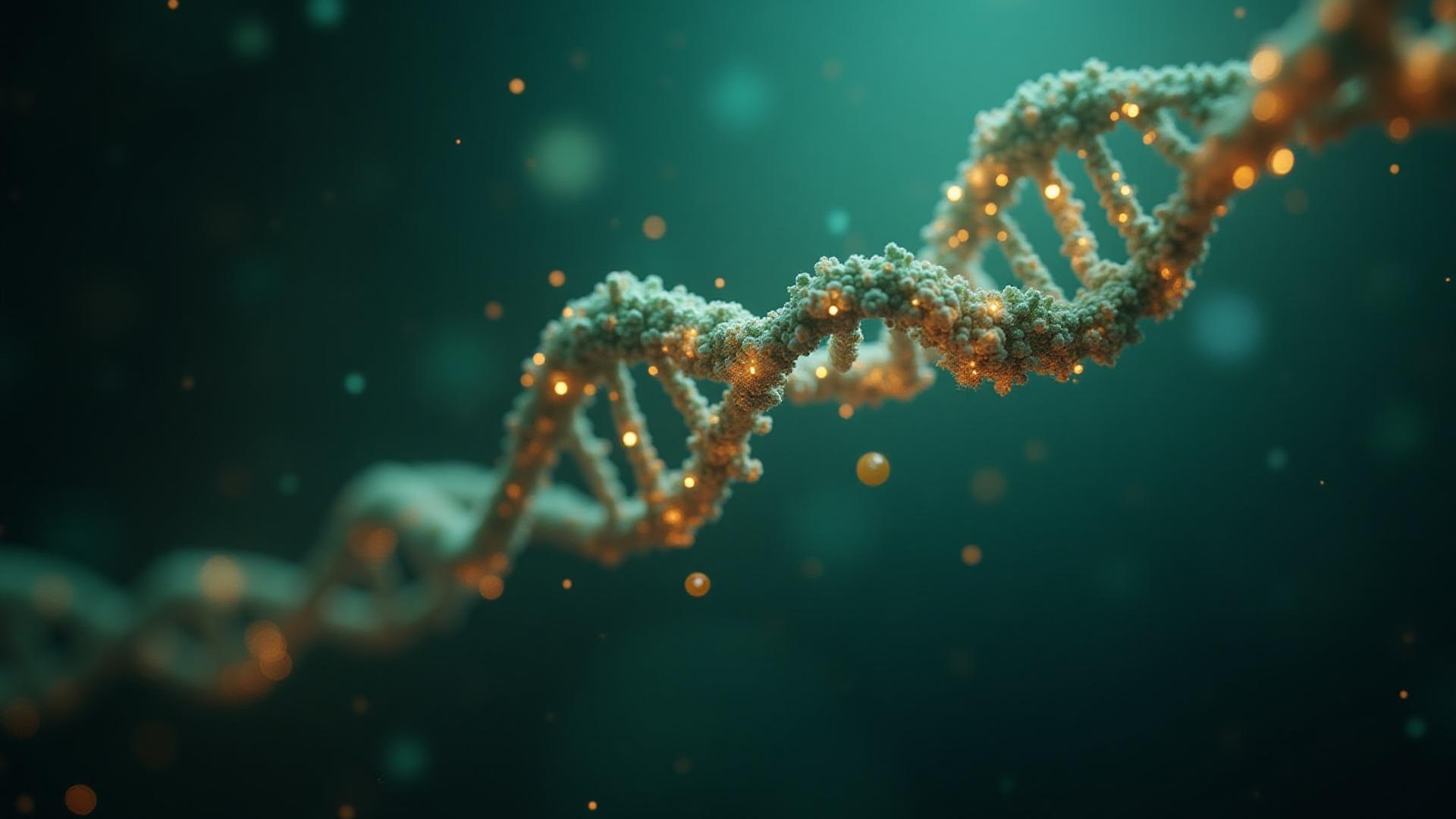 Abstract visualization of interconnected DNA and gut microbiome, glowing with organic light