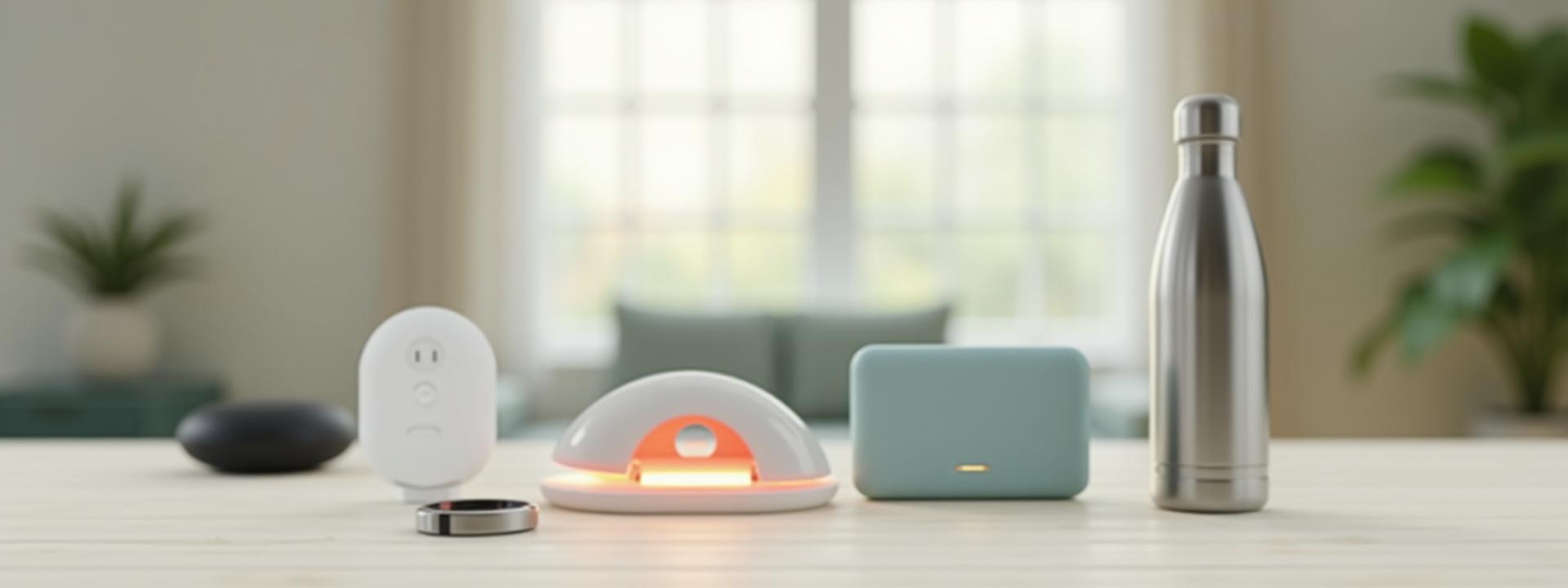A sleek collection of modern wellness products, including a smart sleep tracker, a high-tech water bottle, and a compact red light therapy device, artfully arranged on a minimalist, warm wooden surface in a bright, contemporary home setting.