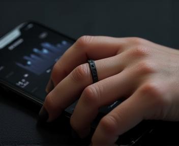A close-up of a hand wearing an Oura Ring, with a blurred smartphone displaying sleep data in the background.